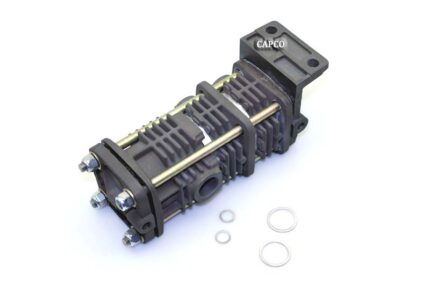 Atlas Copco regulating valve lying flat next to four gaskets against a white background.|1503-6176-60 Replacement Atlas Copco Regulating Valve|1503-6176-60 Replacement Atlas Copco Regulating Valve|1503-6176-60 Replacement Atlas Copco Regulating Valve