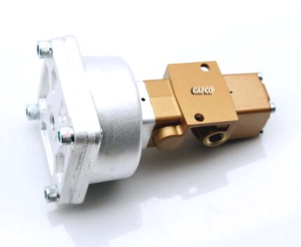 Image of a Gardner Denver control valve with a silver base and a bronze top laying on its side at an slight angle.|90AR1082 Replacement Gardner Denver Valve
