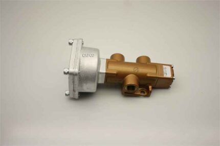Image of a silver and bronze-colored valve for Gardner Denver air compressors lying horizontally on its side.|90AR51 Replacement Gardner Denver Valve|90AR51 Replacement Gardner Denver Valve