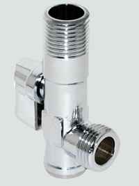 Image of a polished steel ball valve strainer standing vertically with the valve connection angled toward the viewer.